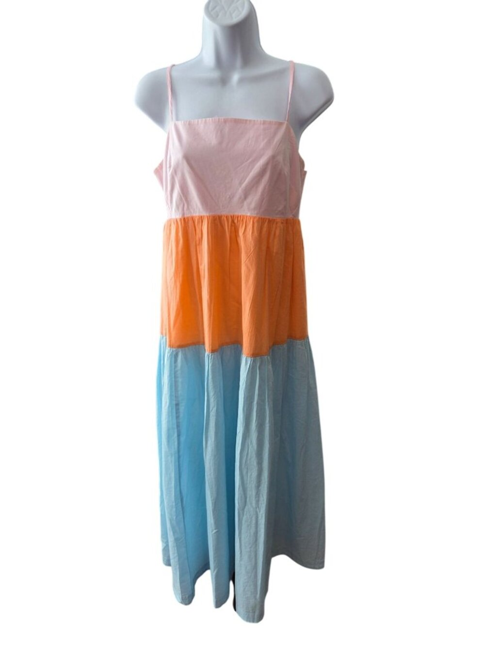 J Crew Size 4 Colorblock Tiered Maxi Dress Cotton Pink Orange Blue Coastal Boho
